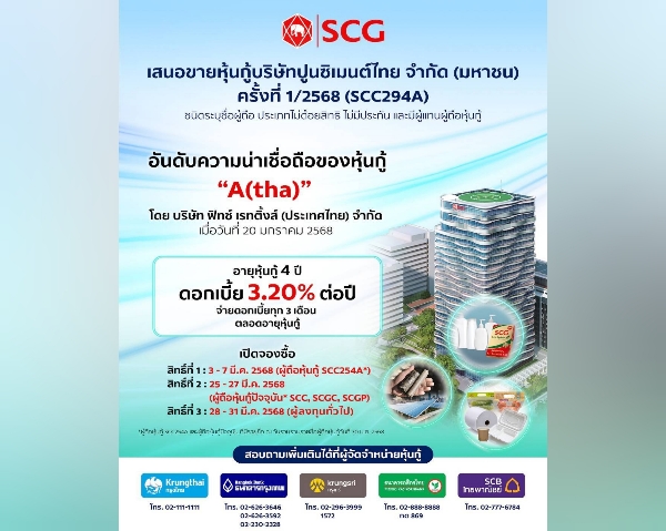 เอสซีจี เตรียมเสนอขายหุ้นกู้เรทติ้ง “A” แก่ประชาชนทั่วไป อายุหุ้นกู้ 4 ปี ดอกเบี้ยคงที่ 3.20% ต่อปี เริ่มจองซื้อ 3 มี.ค. 68 ผ่าน 5 ธนาคารชั้นนำ